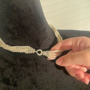 Vintage mid-century Rhinestones Multi-Strand Pearl Choker